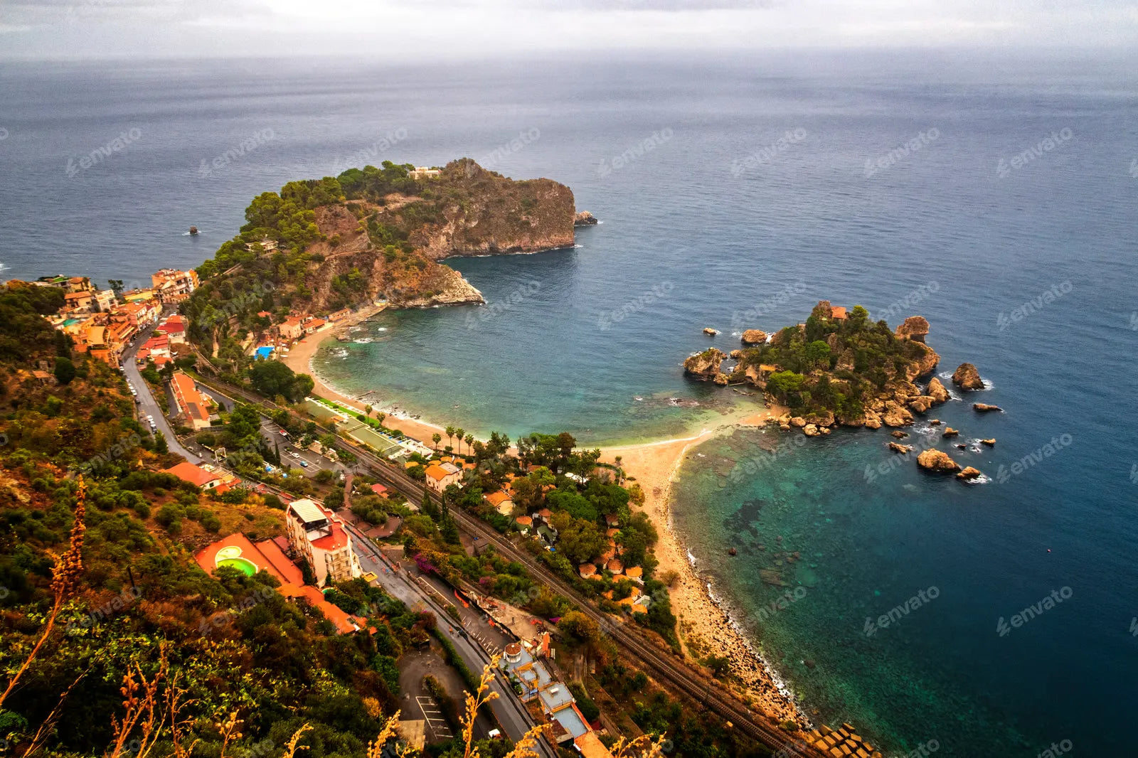 Sicilian seascape with beach and island Isola Bella. Travel photography.