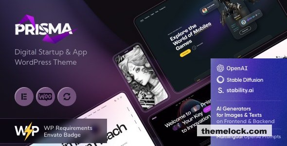 Prisma Digital Startup & App WordPress Theme + AI