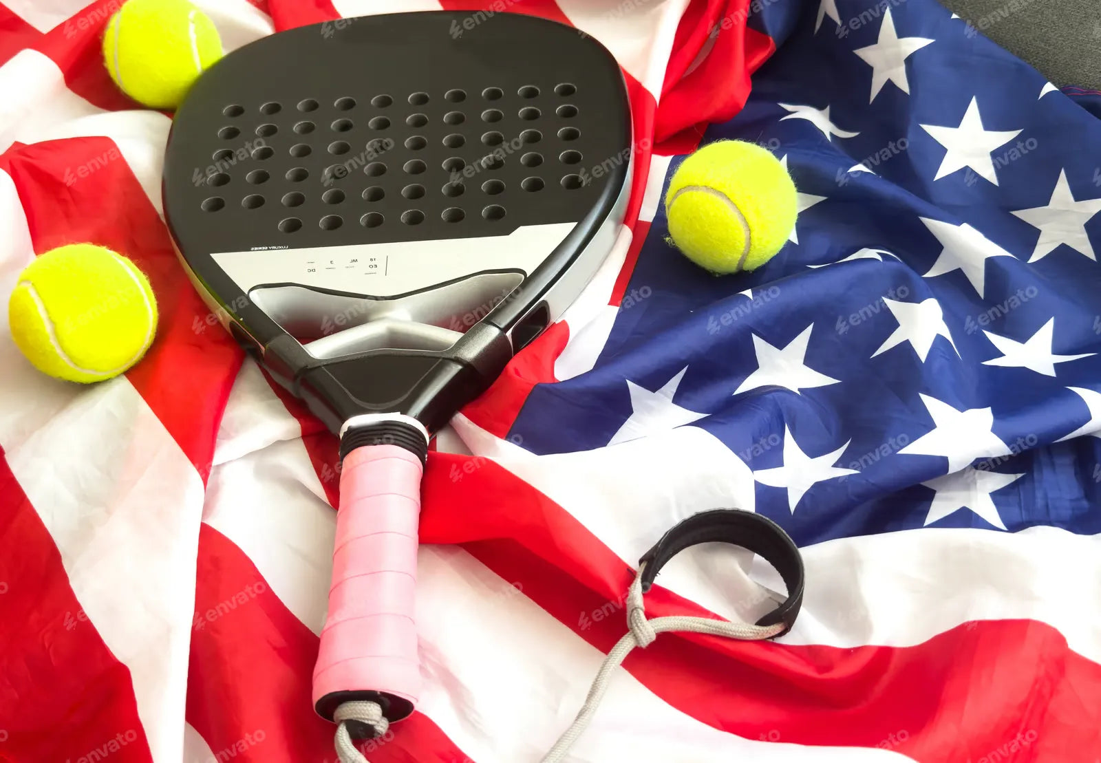 American padel tennis emblem with rackets ball and USA flag illustration