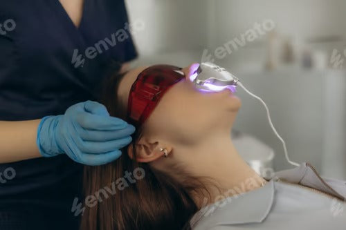 A young woman whitens her own teeth in a dental clinic