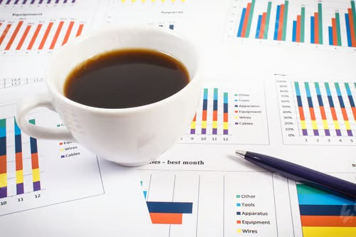 Cup of coffee, ballpen and financial chart showing different production or sales statistics