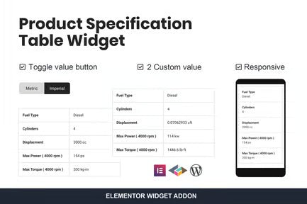 Product Specification Table Widget For Elementor