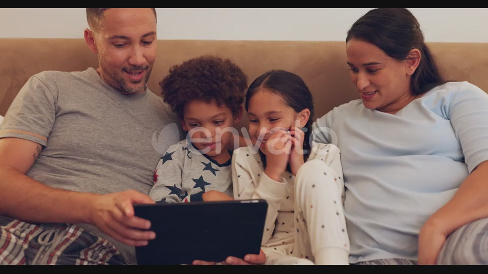 Tablet, home or excited family streaming a movie as a family to relax on weekend on sofa