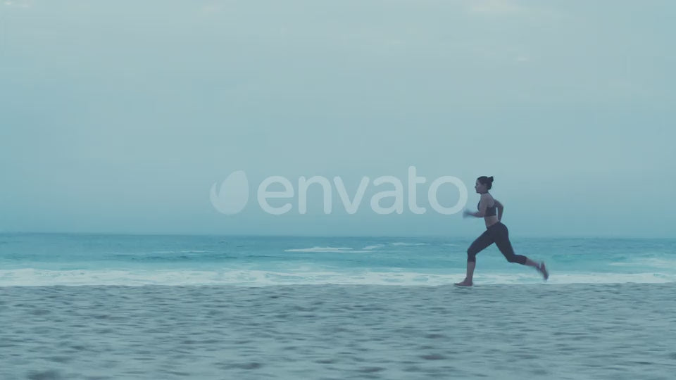 Sunset, exercise and woman running on beach for fitness, wellness and health