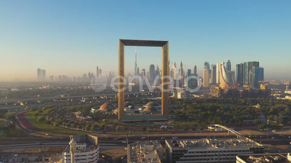 Aerial view of Dubai frame landmark during the sunset, Dubai, U.A.E